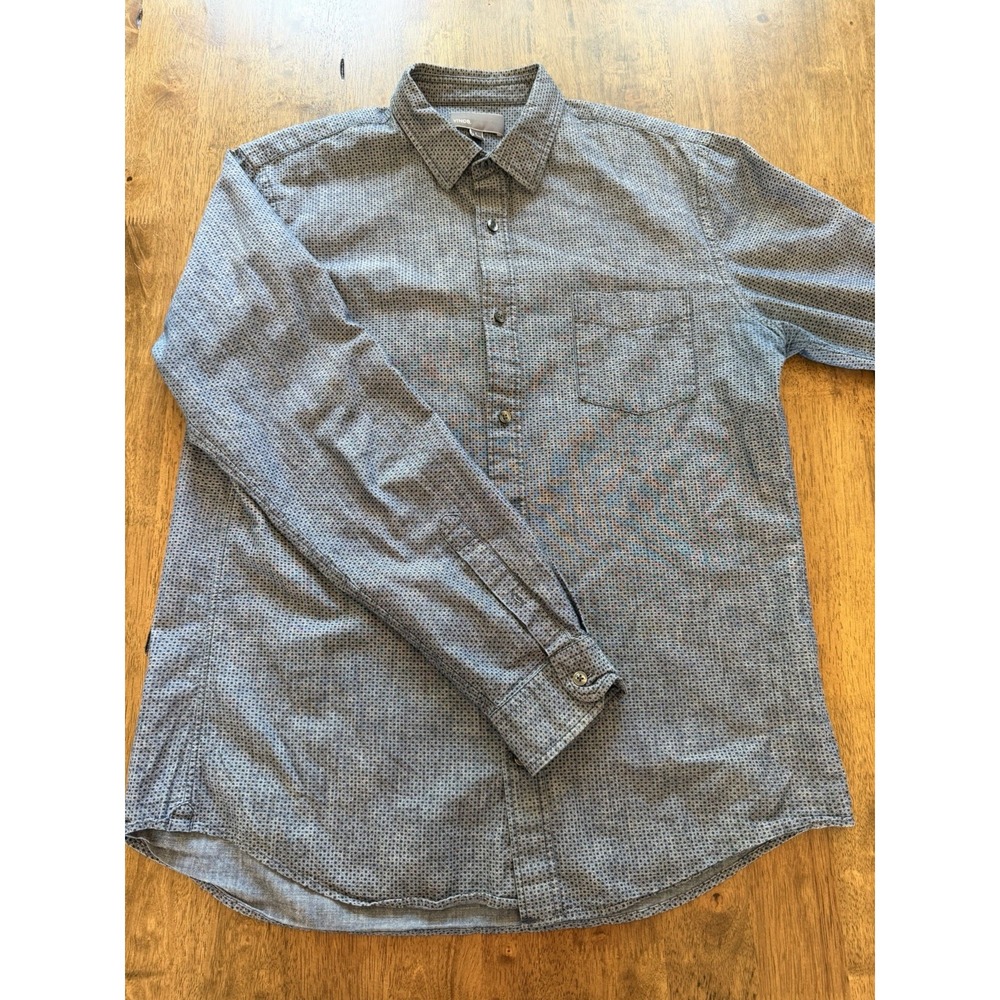 Vince. Men's L Blue Polka Dot Point Collar Long Sleeve Cotton Button-Up